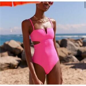 Aerie Shine Pique V Wire Cut Out One Piece Swimsuit S/P Bright Pink Resort Beach
